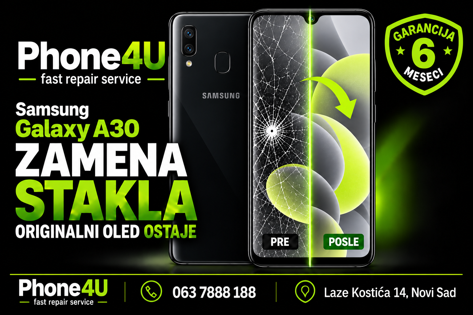 Zamena stakla Samsung Galaxy A30 Zamena stakla Samsung Galaxy A30 uz očuvanje originalnog OLED ekrana – Phone4U Novi Sad.