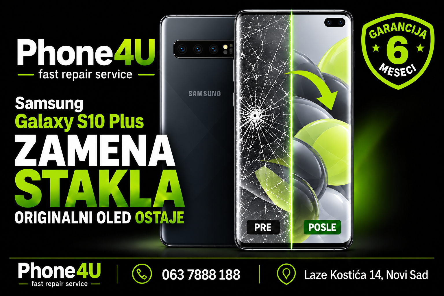 Zamena stakla Samsung Galaxy S10 Plus Zamena stakla Samsung Galaxy S10 Plus uz očuvanje originalnog OLED ekrana – Phone4U Novi Sad.