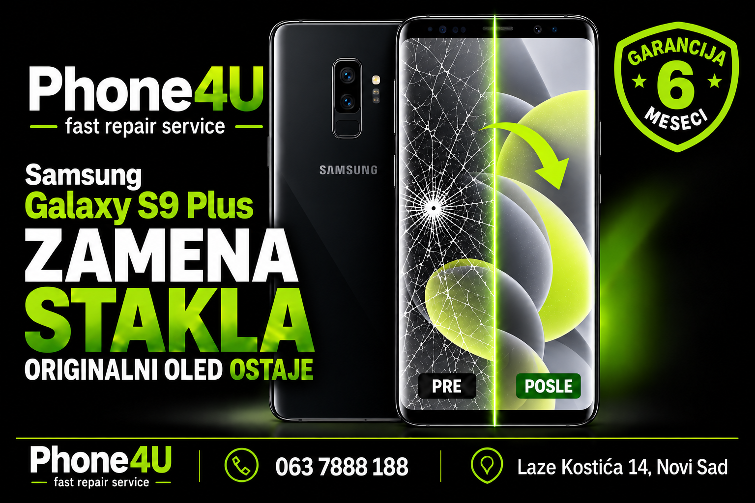 Zamena stakla Samsung Galaxy S9 Plus Zamena stakla Samsung Galaxy S9 Plus uz očuvanje originalnog OLED ekrana – Phone4U Novi Sad.