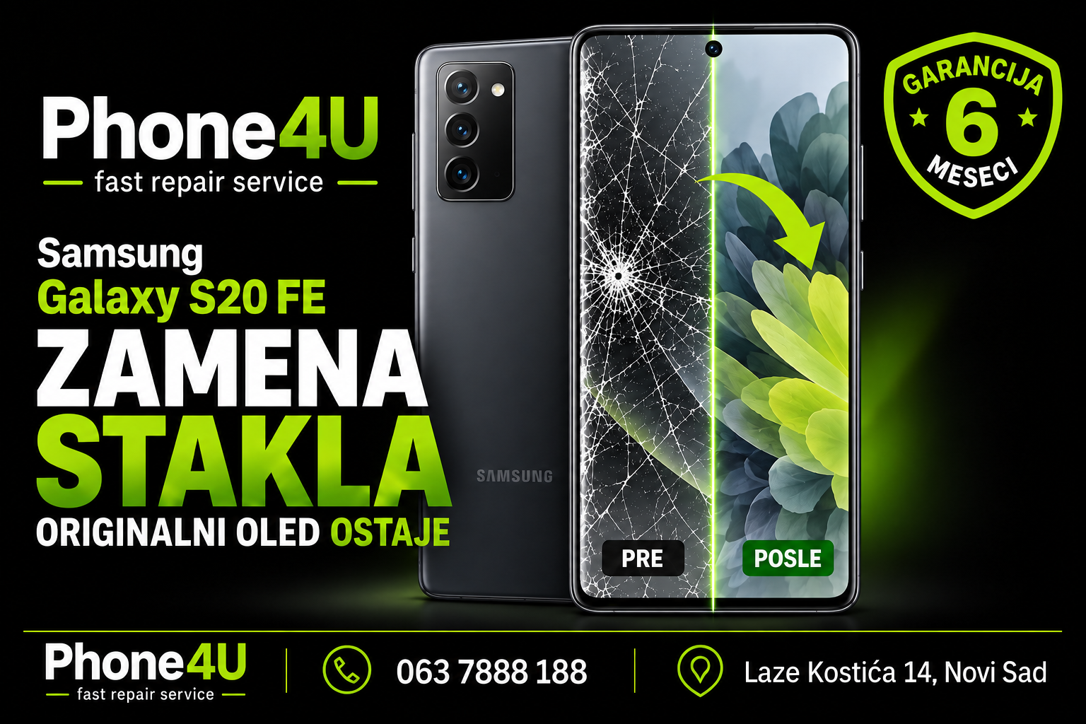 Zamena stakla Samsung Galaxy S20 FE Zamena stakla Samsung Galaxy S20 FE uz očuvanje originalnog OLED ekrana – Phone4U Novi Sad.