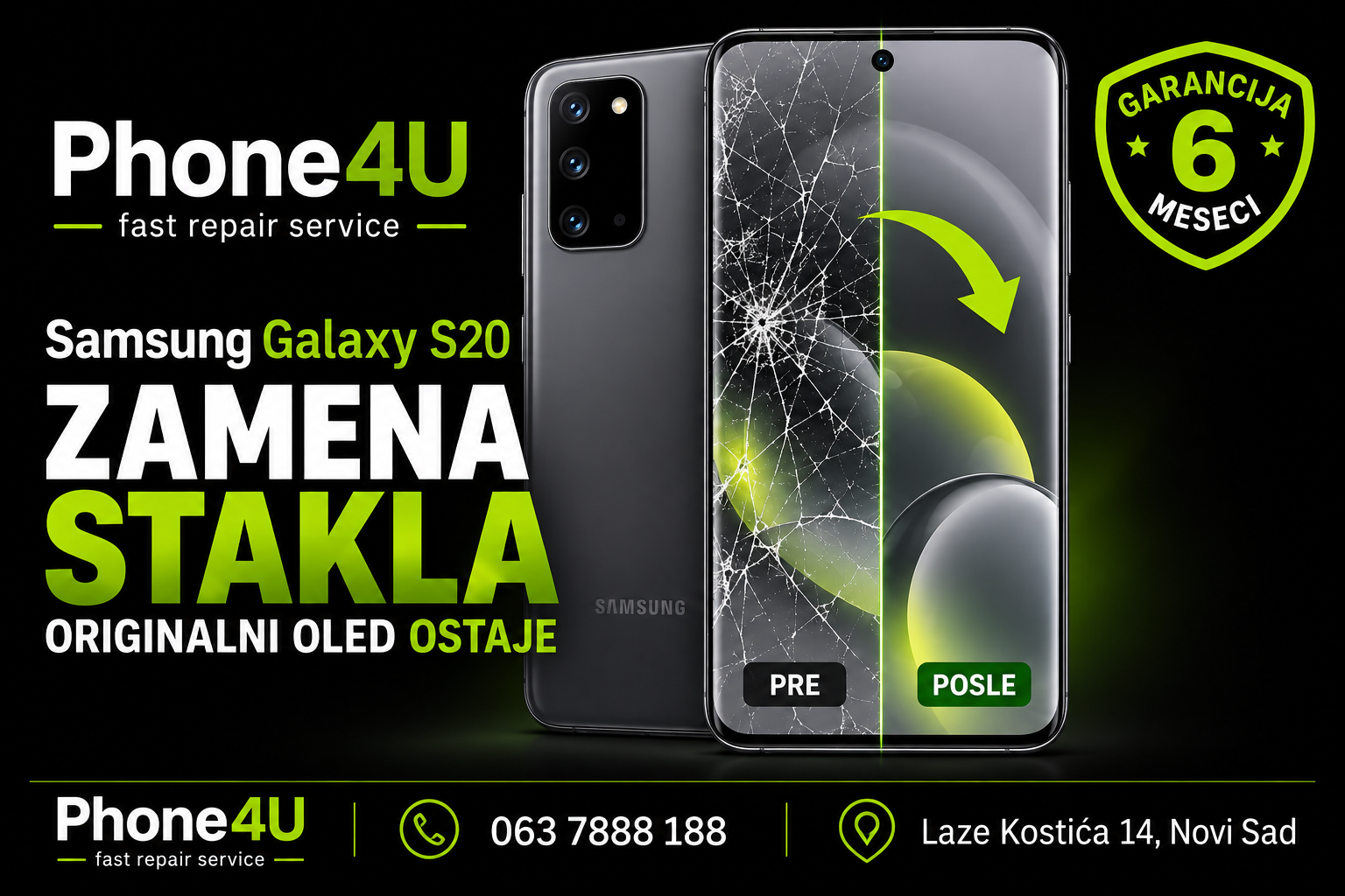 Zamena stakla Samsung Galaxy S20 Zamena stakla Samsung Galaxy S20 uz očuvanje originalnog OLED ekrana – Phone4U Novi Sad.
