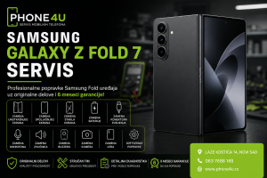 Samsung Galaxy Z Fold 7 servis u Phone4U Novi Sad – profesionalna popravka Fold uređaja, zamena unutrašnjeg i spoljašnjeg ekrana, baterije, konektora i kamera uz originalne delove i 6 meseci garancije