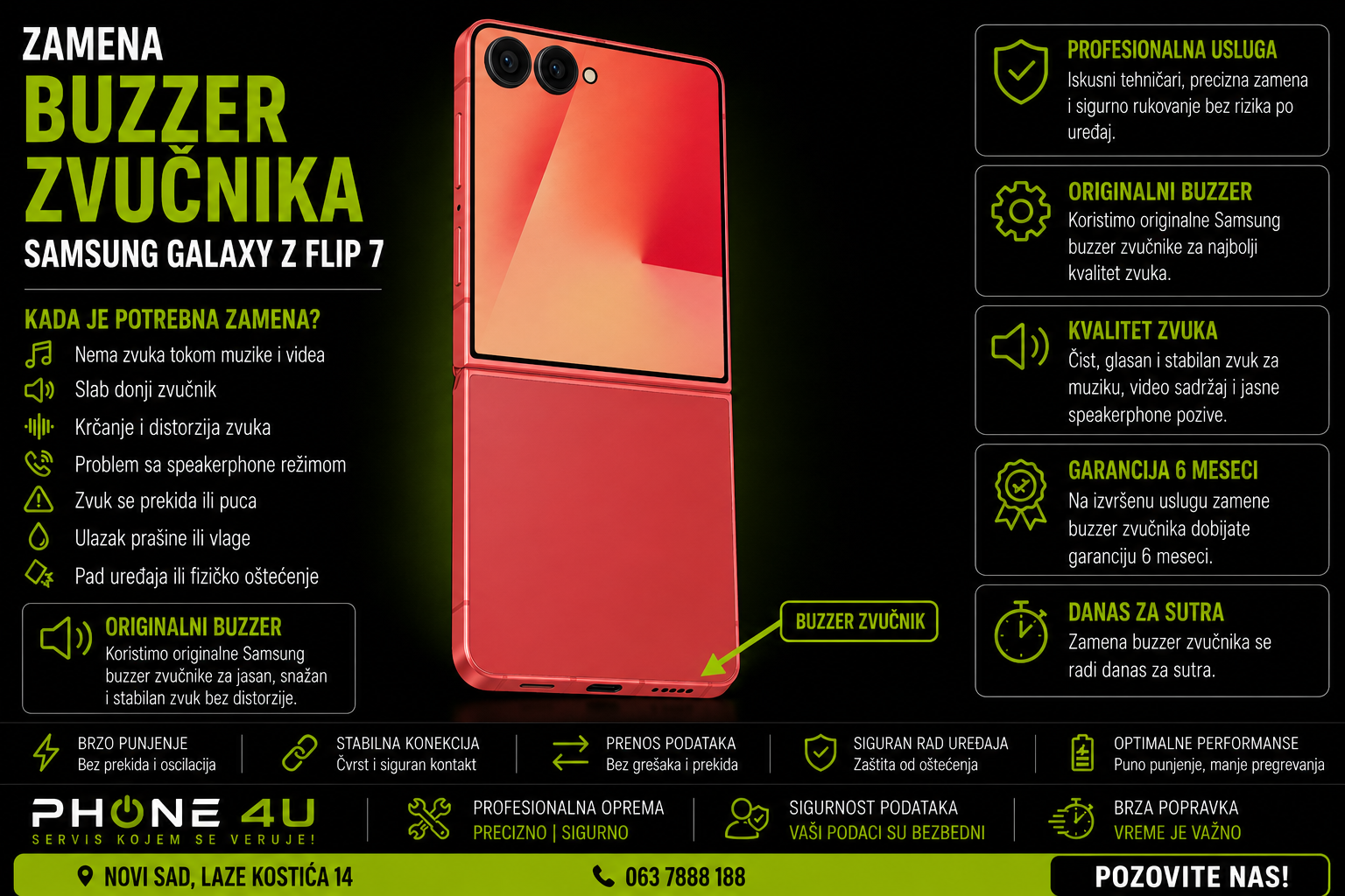 zamena buzzer zvučnika Samsung Galaxy Z Flip 7 Novi Sad Phone4U servis zamena buzzer zvučnika Samsung Galaxy Z Flip 7 Novi Sad Phone4U servis