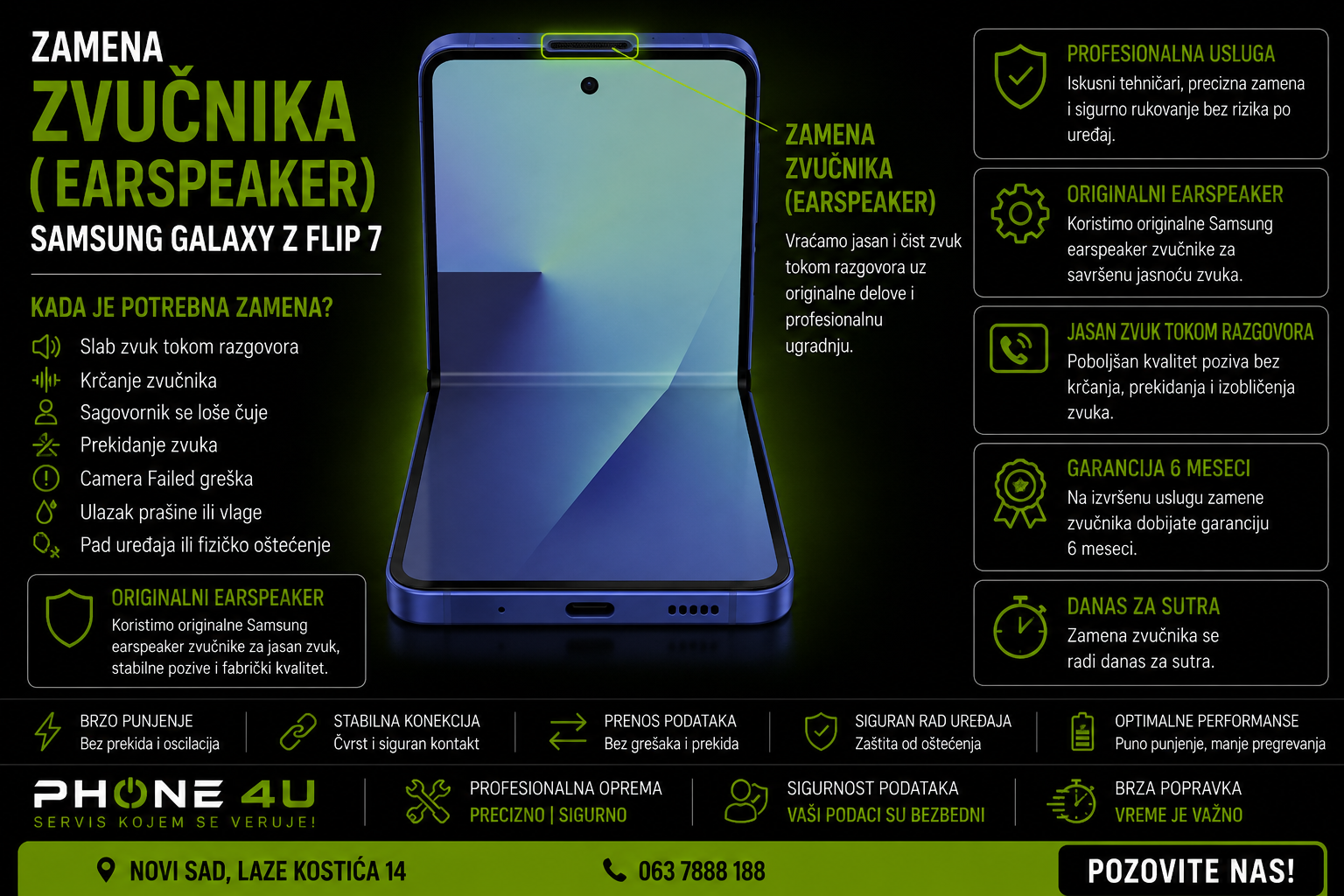 zamena zvučnika Samsung Galaxy Z Flip 7 Novi Sad Phone4U servis zamena zvučnika Samsung Galaxy Z Flip 7 Novi Sad Phone4U servis