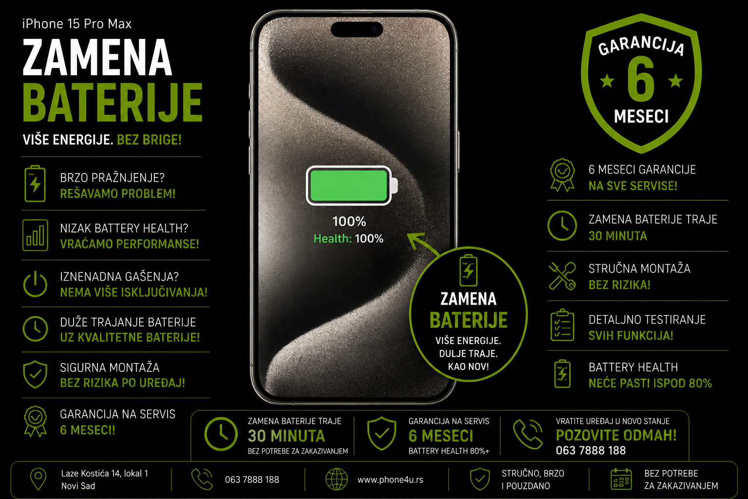 zamena baterije iPhone 15 Pro Max Novi Sad Phone4U servis battery health i brzo pražnjenje zamena baterije iPhone 15 Pro Max Novi Sad Phone4U servis battery health i brzo pražnjenje