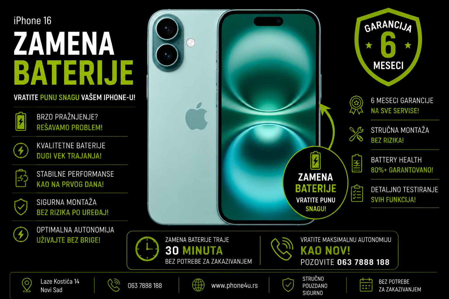 zamena baterije iPhone 16 Novi Sad Phone4U servis battery health i brzo pražnjenje zamena baterije iPhone 16 Novi Sad Phone4U servis battery health i brzo pražnjenje
