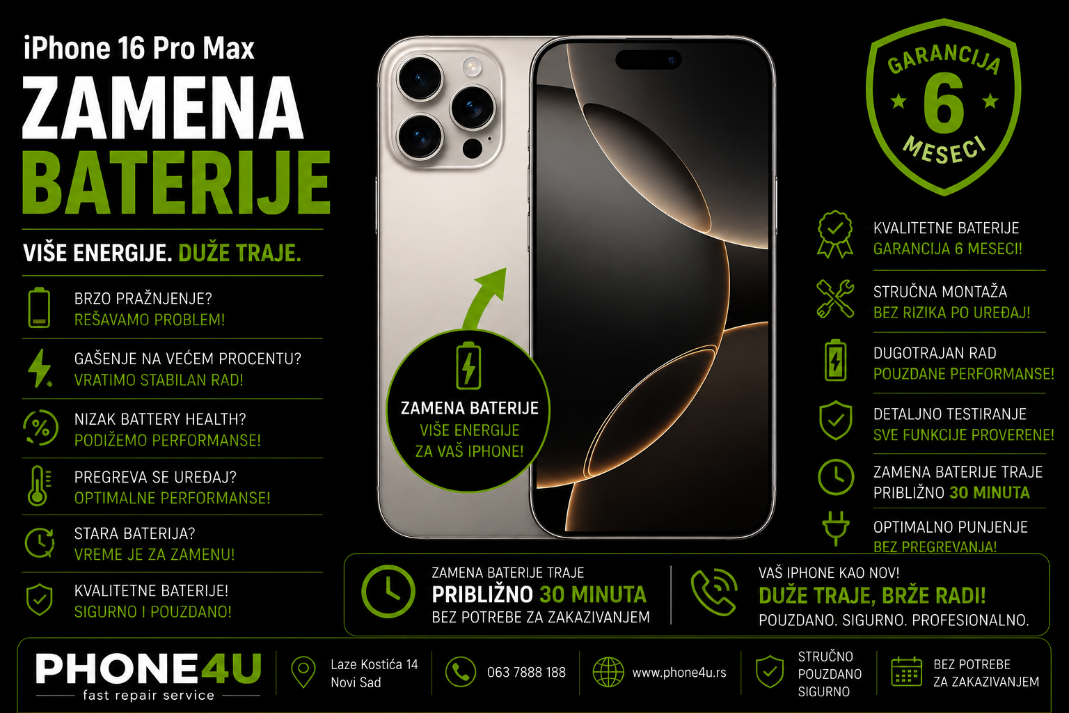 zamena baterije iPhone 16 Pro Max Novi Sad Phone4U servis battery health i brzo pražnjenje zamena baterije iPhone 16 Pro Max Novi Sad Phone4U servis battery health i brzo pražnjenje