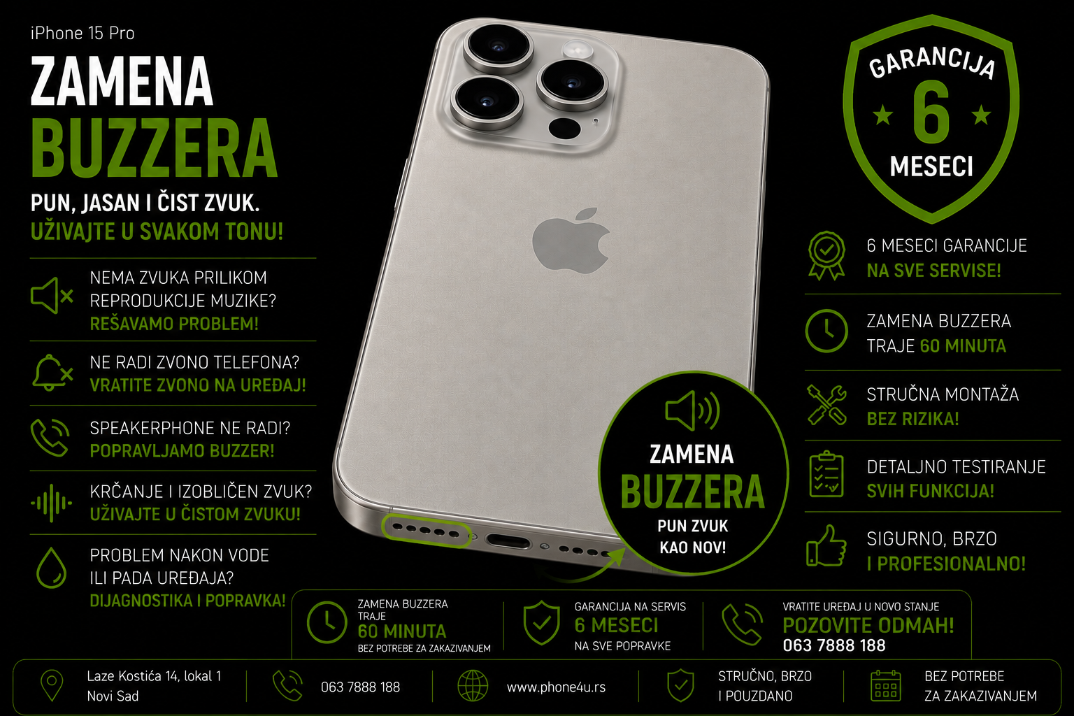 zamena buzzera iPhone 15 Pro Novi Sad Phone4U servis donji zvučnik iPhone 15 Pro nema zvuka zamena buzzera iPhone 15 Pro Novi Sad Phone4U servis donji zvučnik iPhone 15 Pro nema zvuka