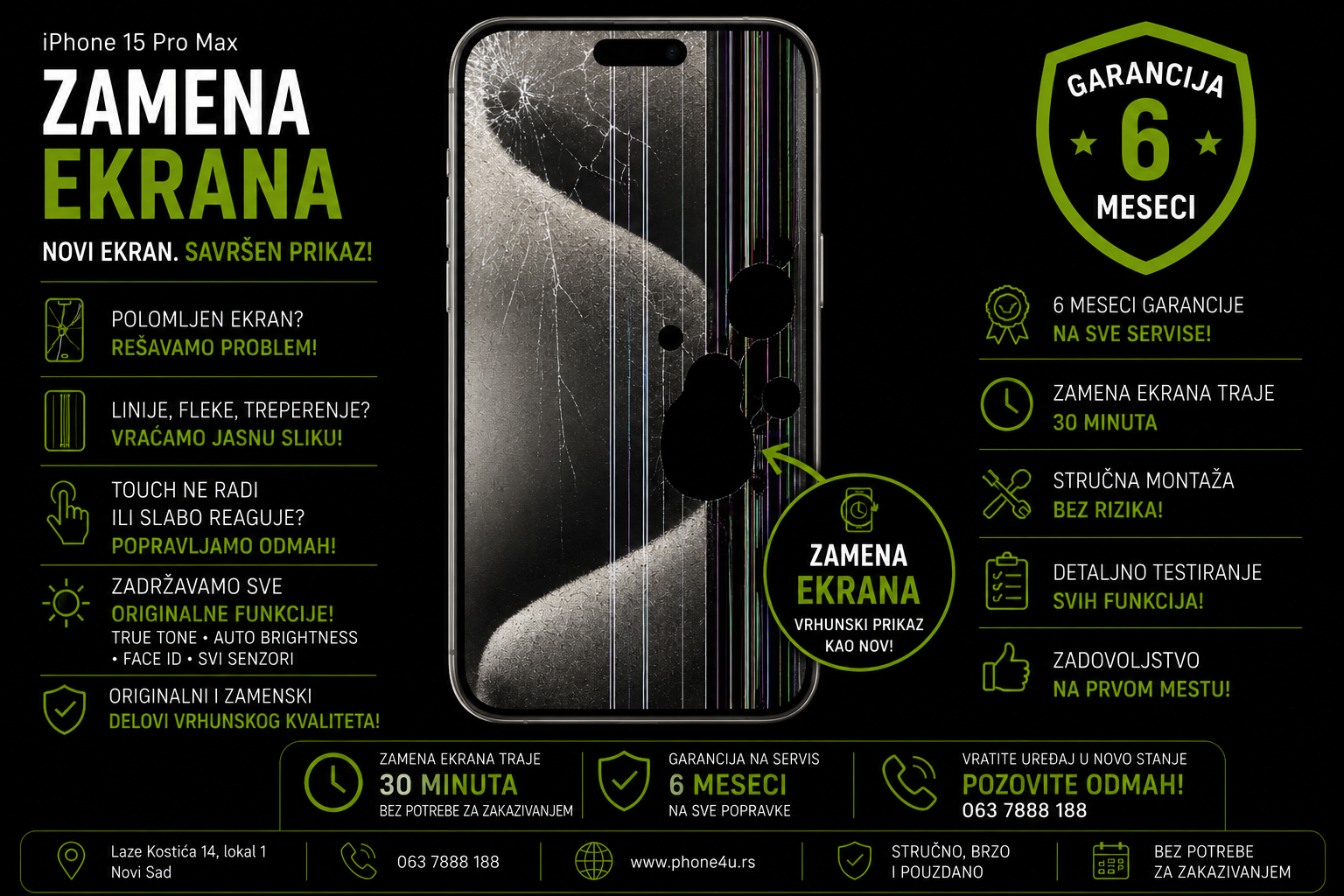 zamena ekrana iPhone 15 Pro Max Novi Sad Phone4U servis polomljen ekran crne fleke i neispravan touch zamena ekrana iPhone 15 Pro Max Novi Sad Phone4U servis polomljen ekran crne fleke i neispravan touch