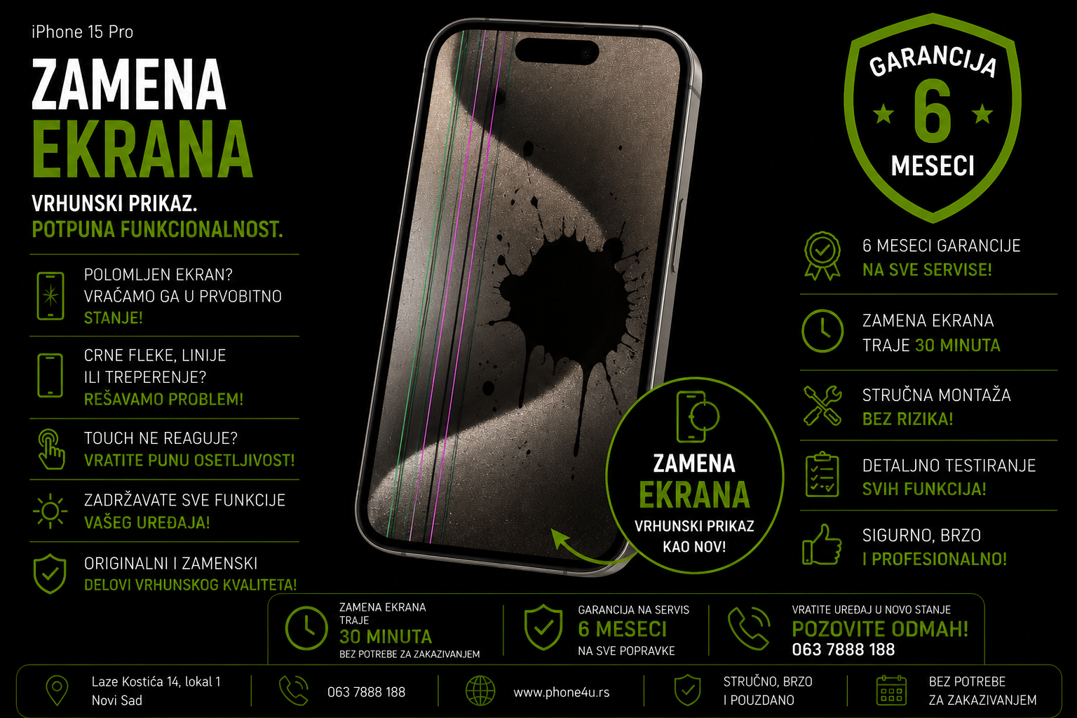 zamena ekrana iPhone 15 Pro Novi Sad Phone4U servis polomljen ekran crne fleke i neispravan touch zamena ekrana iPhone 15 Pro Novi Sad Phone4U servis polomljen ekran crne fleke i neispravan touch