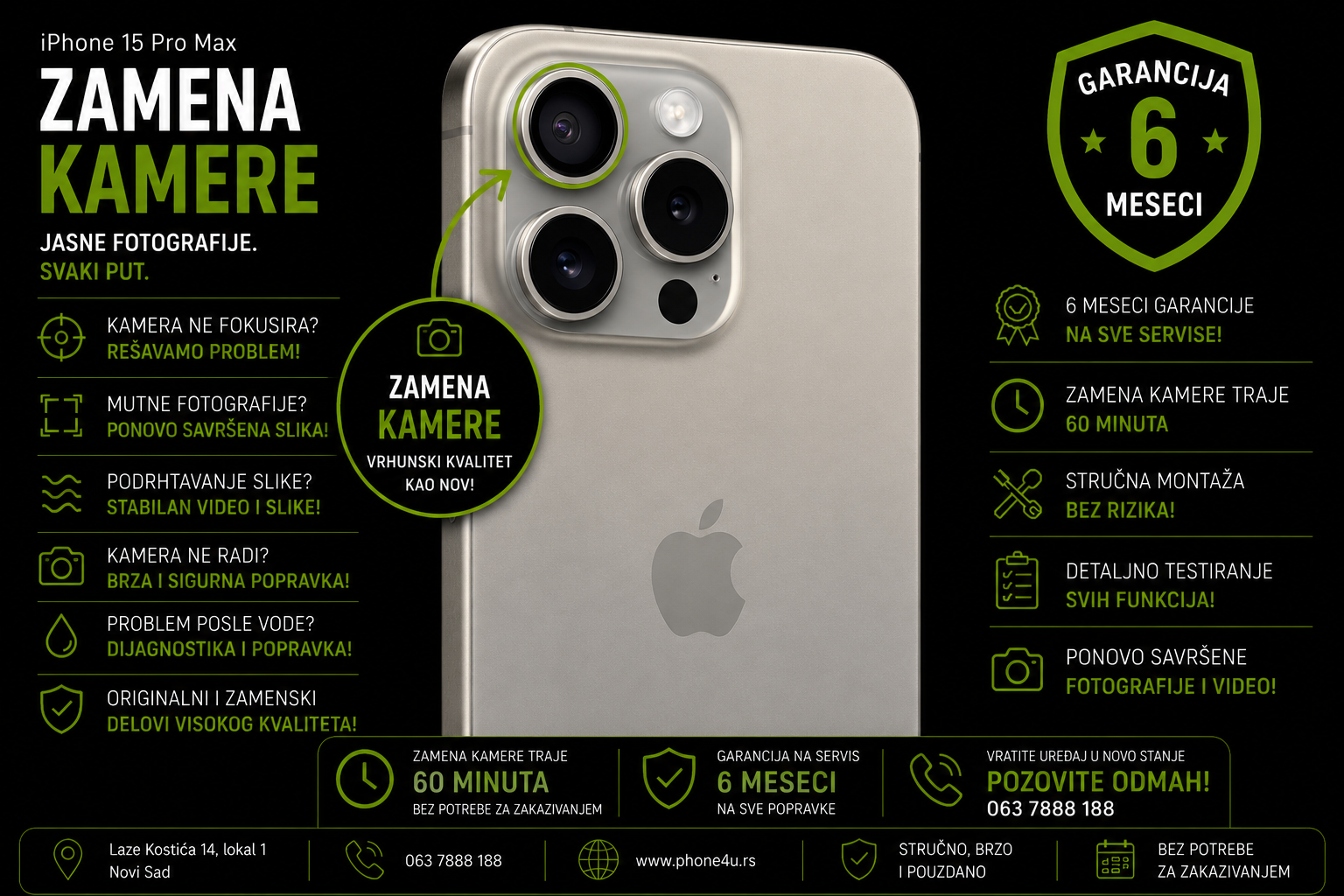 zamena kamere iPhone 15 Pro Max Novi Sad Phone4U servis kamera ne fokusira i mutne fotografije zamena kamere iPhone 15 Pro Max Novi Sad Phone4U servis kamera ne fokusira i mutne fotografije