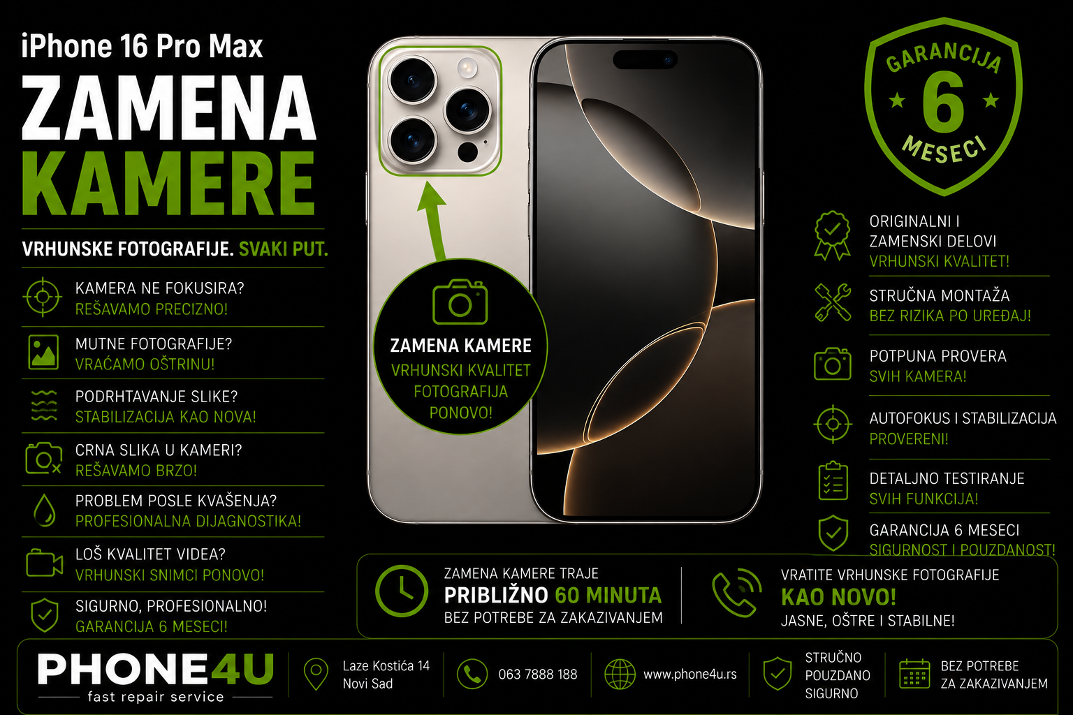 zamena kamere iPhone 16 Pro Max Novi Sad Phone4U servis kamera ne fokusira i mutne fotografije zamena kamere iPhone 16 Pro Max Novi Sad Phone4U servis kamera ne fokusira i mutne fotografije