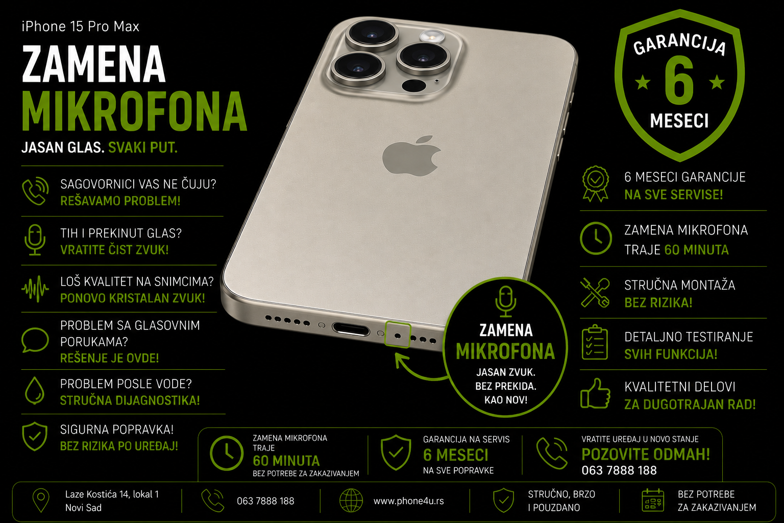 zamena mikrofona iPhone 15 Pro Max Novi Sad Phone4U servis sagovornik me ne čuje i loš kvalitet zvuka zamena mikrofona iPhone 15 Pro Max Novi Sad Phone4U servis sagovornik me ne čuje i loš kvalitet zvuka