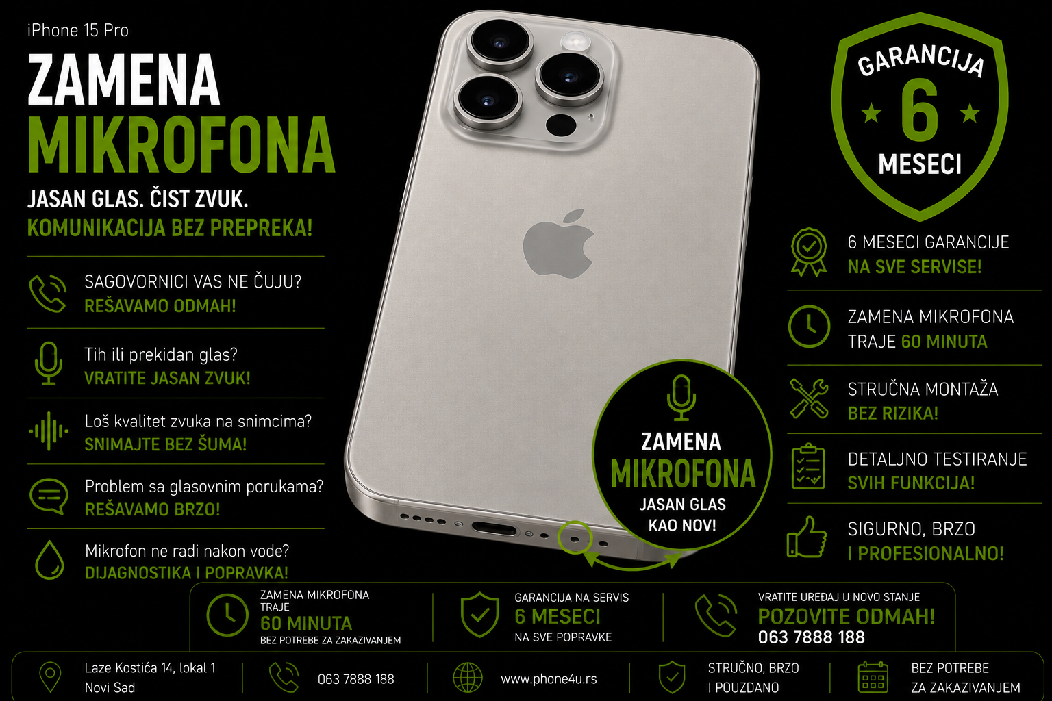 zamena mikrofona iPhone 15 Pro Novi Sad Phone4U servis sagovornik me ne čuje i loš kvalitet zvuka zamena mikrofona iPhone 15 Pro Novi Sad Phone4U servis sagovornik me ne čuje i loš kvalitet zvuka