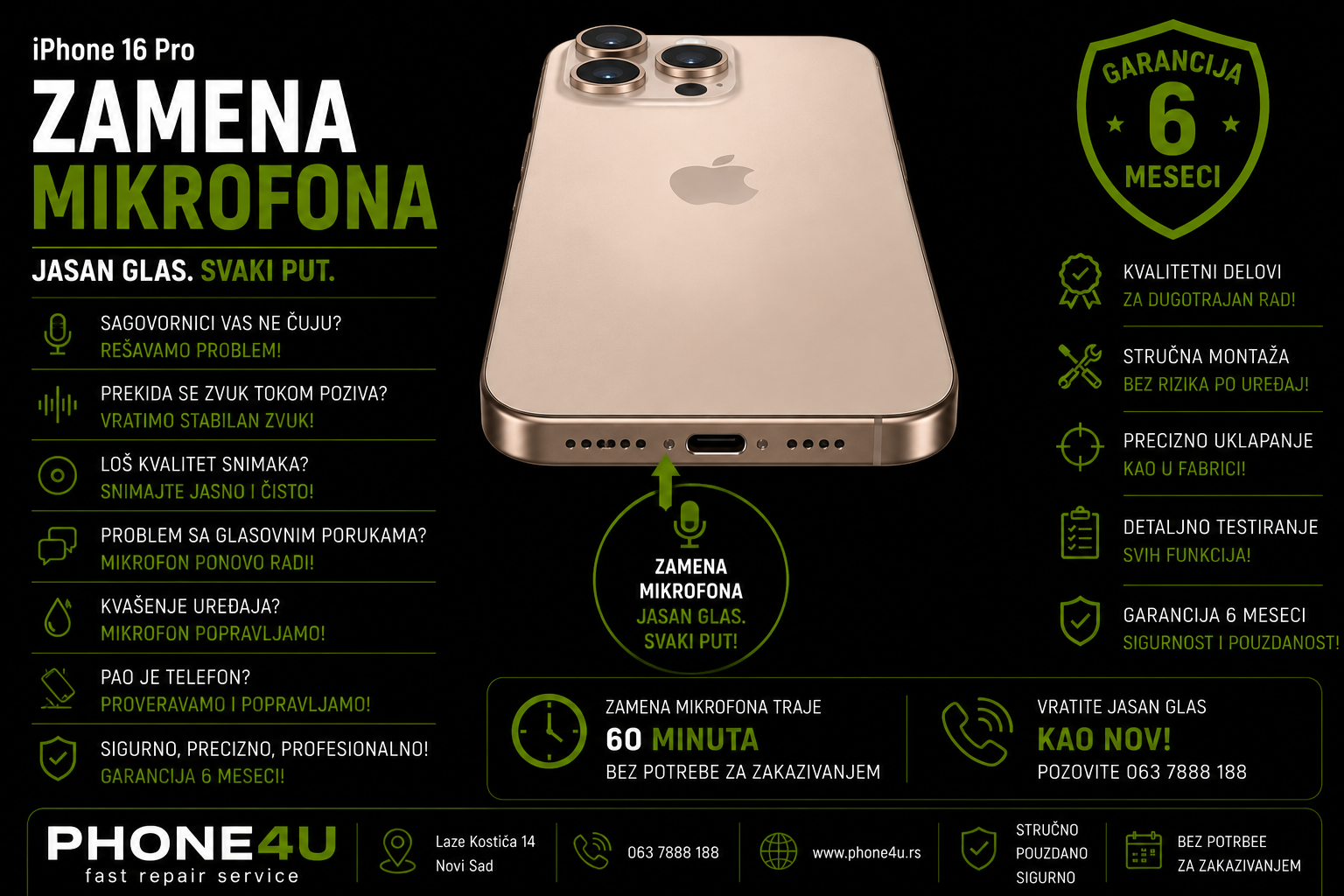zamena mikrofona iPhone 16 Pro Novi Sad Phone4U servis ne radi mikrofon i loš kvalitet zvuka zamena mikrofona iPhone 16 Pro Novi Sad Phone4U servis ne radi mikrofon i loš kvalitet zvuka