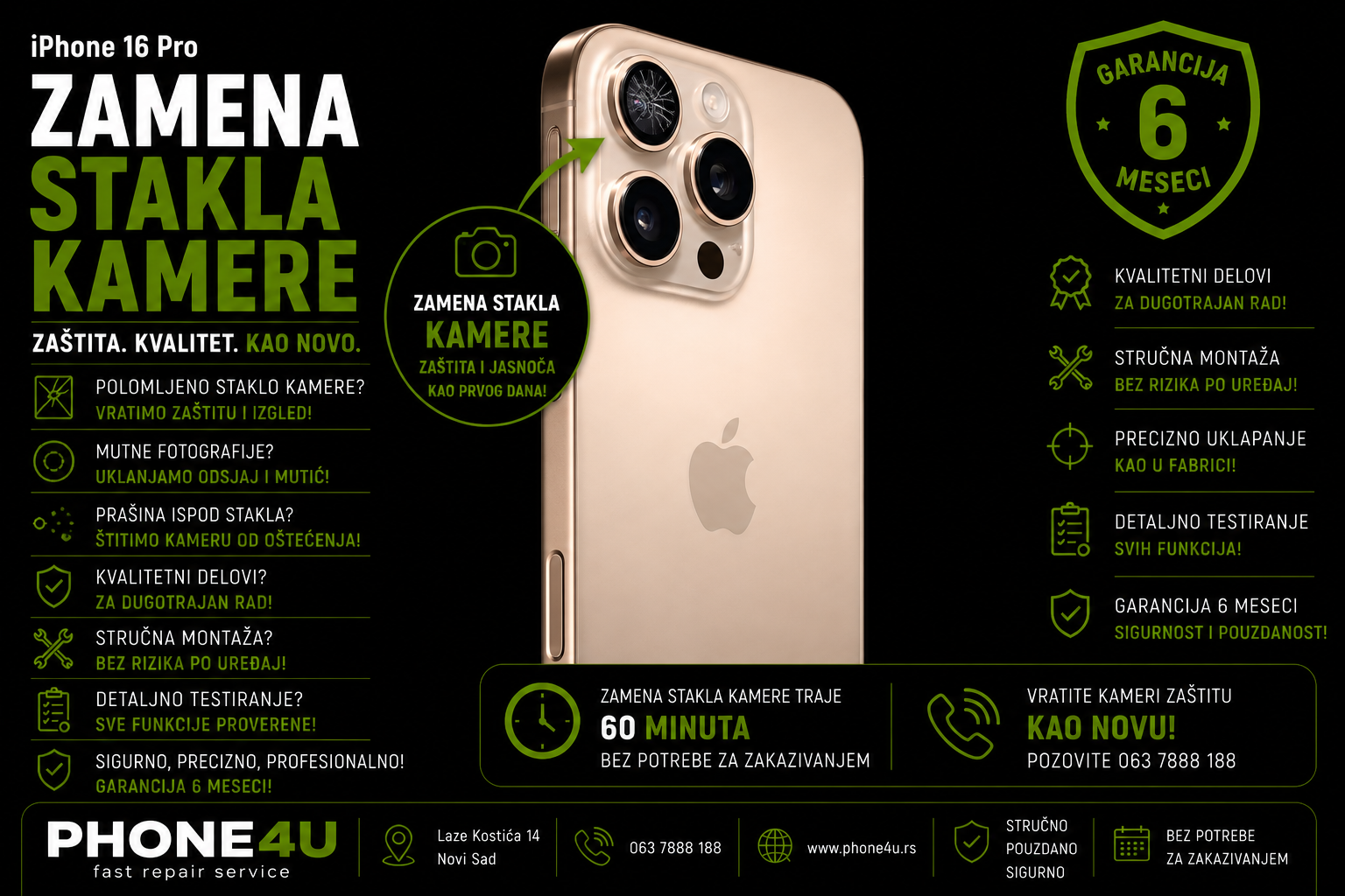 zamena stakla kamere iPhone 16 Pro Novi Sad Phone4U servis polomljeno staklo kamere zamena stakla kamere iPhone 16 Pro Novi Sad Phone4U servis polomljeno staklo kamere