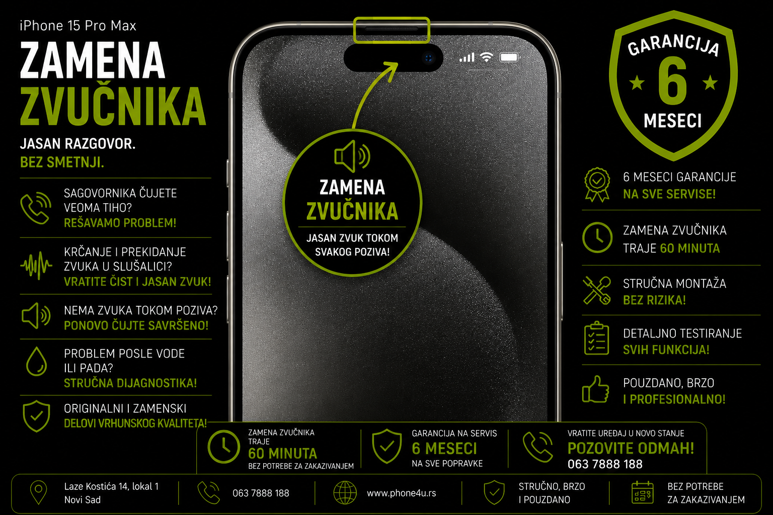 zamena zvučnika iPhone 15 Pro Max Novi Sad Phone4U servis slab zvuk tokom poziva i ne čujem sagovornika zamena zvučnika iPhone 15 Pro Max Novi Sad Phone4U servis slab zvuk tokom poziva i ne čujem sagovornika