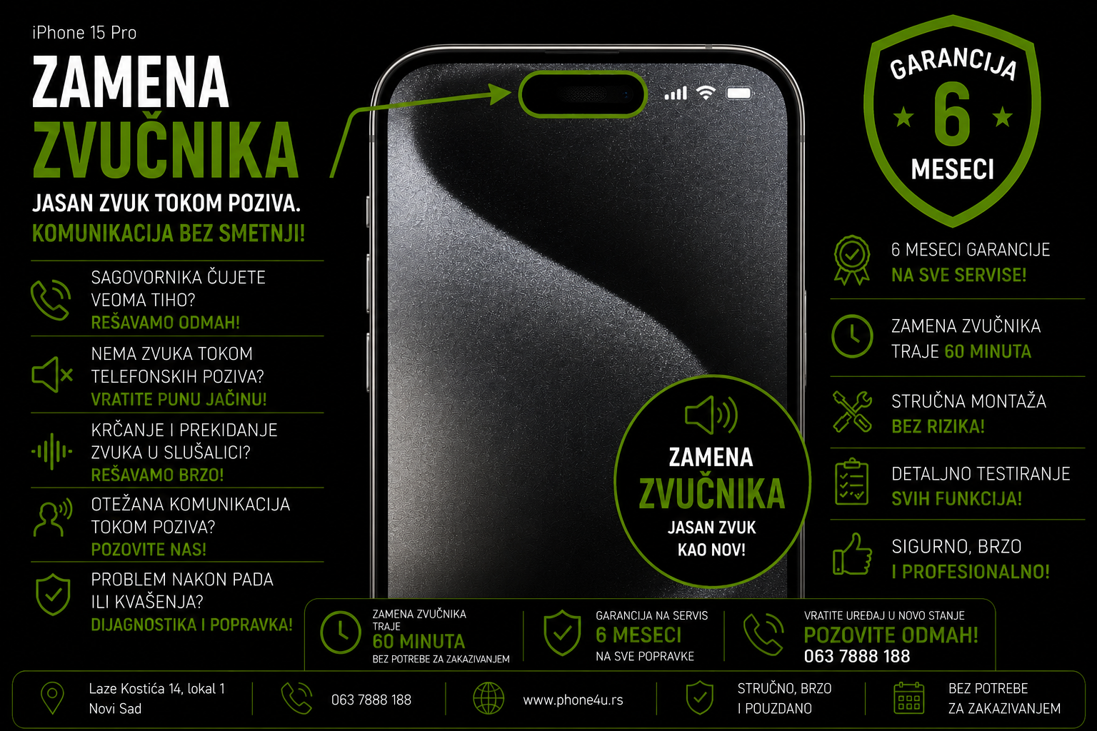 zamena zvučnika iPhone 15 Pro Novi Sad Phone4U servis slab zvuk tokom poziva i ne čujem sagovornika zamena zvučnika iPhone 15 Pro Novi Sad Phone4U servis slab zvuk tokom poziva i ne čujem sagovornika