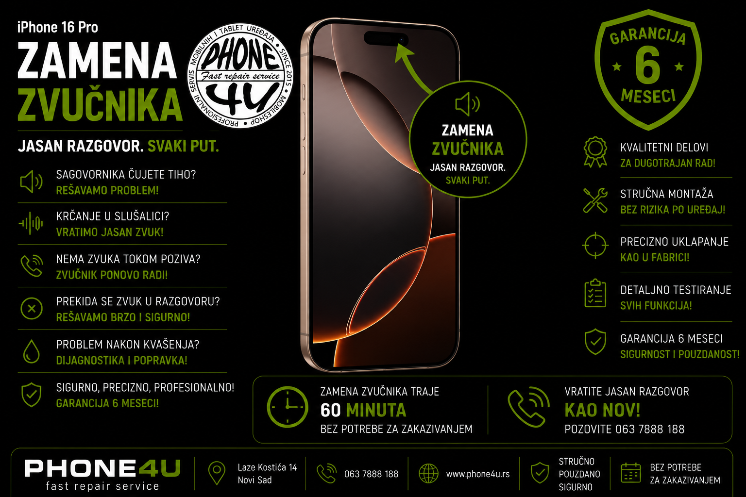zamena zvučnika iPhone 16 Pro Novi Sad Phone4U servis slab zvuk tokom poziva u slušalici zamena zvučnika iPhone 16 Pro Novi Sad Phone4U servis slab zvuk tokom poziva u slušalici