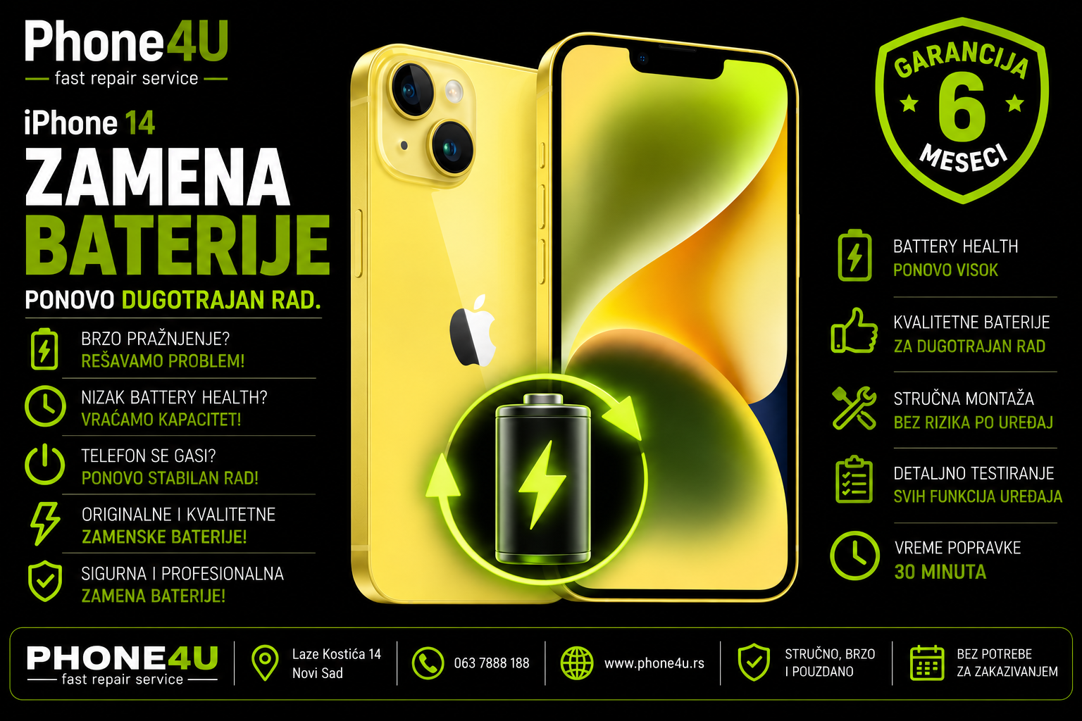 zamena baterije za iPhone 14 zamena baterije za iPhone 14 Phone4U servis Novi Sad