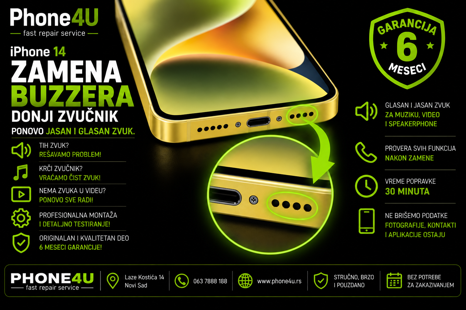zamena buzzera za iPhone 14 zamena buzzera za iPhone 14 Phone4U servis Novi Sad