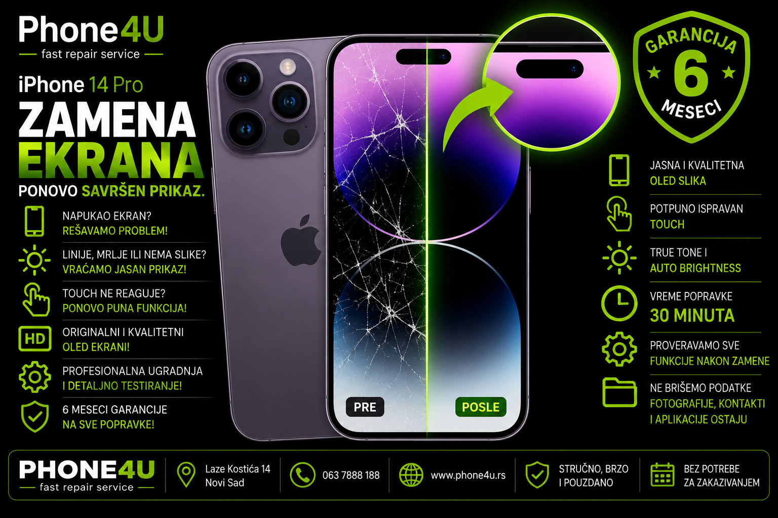 zamena ekrana za iPhone 14 Pro zamena ekrana za iPhone 14 Pro Phone4U servis Novi Sad
