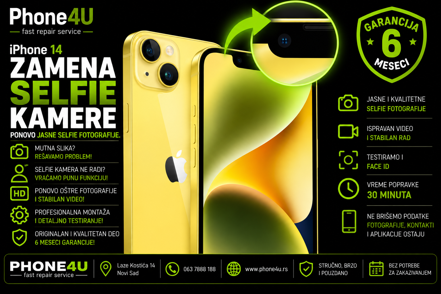 zamena selfie kamere za iPhone 14 zamena selfie kamere za iPhone 14 Phone4U servis Novi Sad