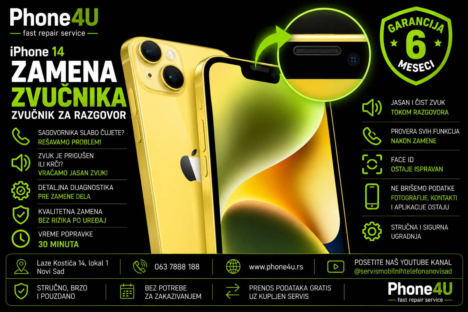 zamena zvučnika za iPhone 14 zamena zvučnika za iPhone 14 Phone4U servis Novi Sad